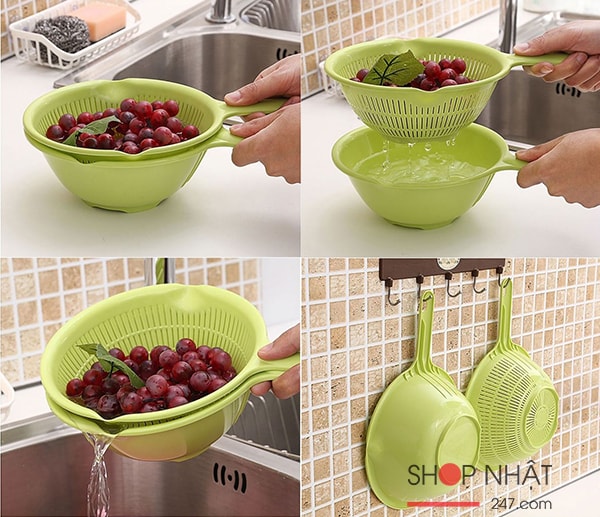 Bộ rổ và thau nhựa 1.2L có tay cầm màu xanh